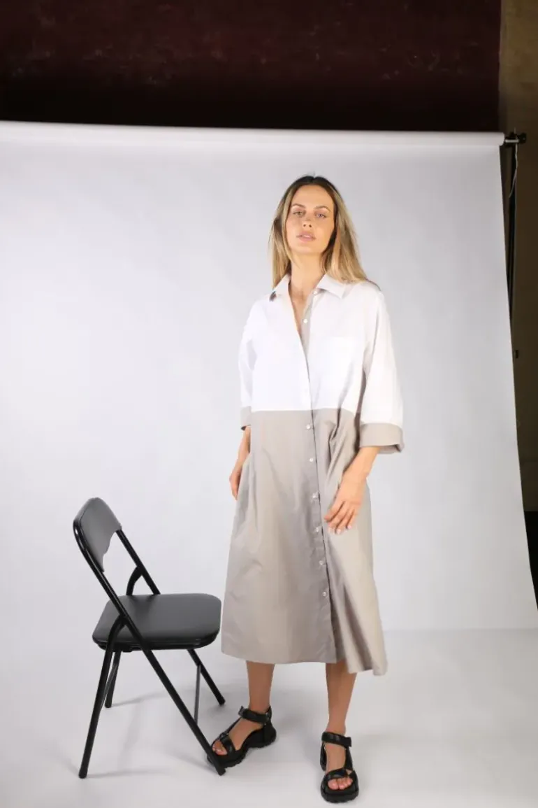 Bagruu Harvey Colour Block Dress In White And Stone