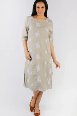 Blueberry Embroidered Linen Shift Dress In Beige