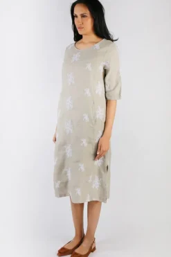 Blueberry Embroidered Linen Shift Dress In Beige