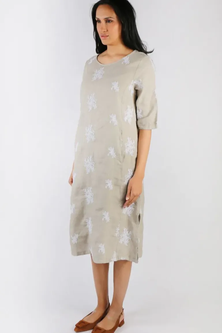 Blueberry Embroidered Linen Shift Dress In Beige