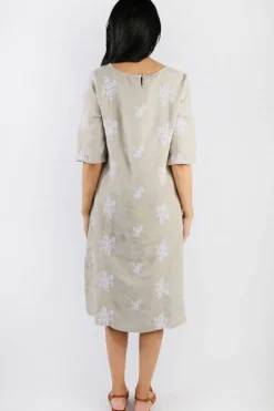 Blueberry Embroidered Linen Shift Dress In Beige