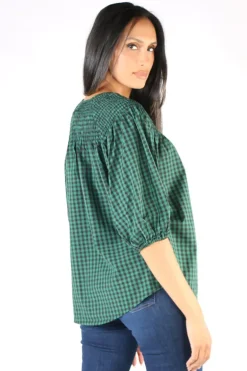 Check Shirred Top In Green By Jump