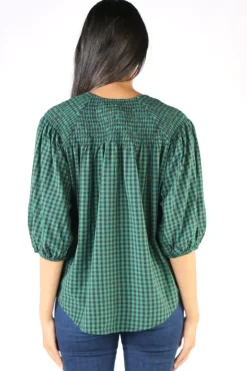 Check Shirred Top In Green By Jump