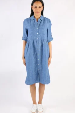 Cross Dyed Gathered Linen Dress In Chambray By Jump