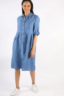Cross Dyed Gathered Linen Dress In Chambray By Jump