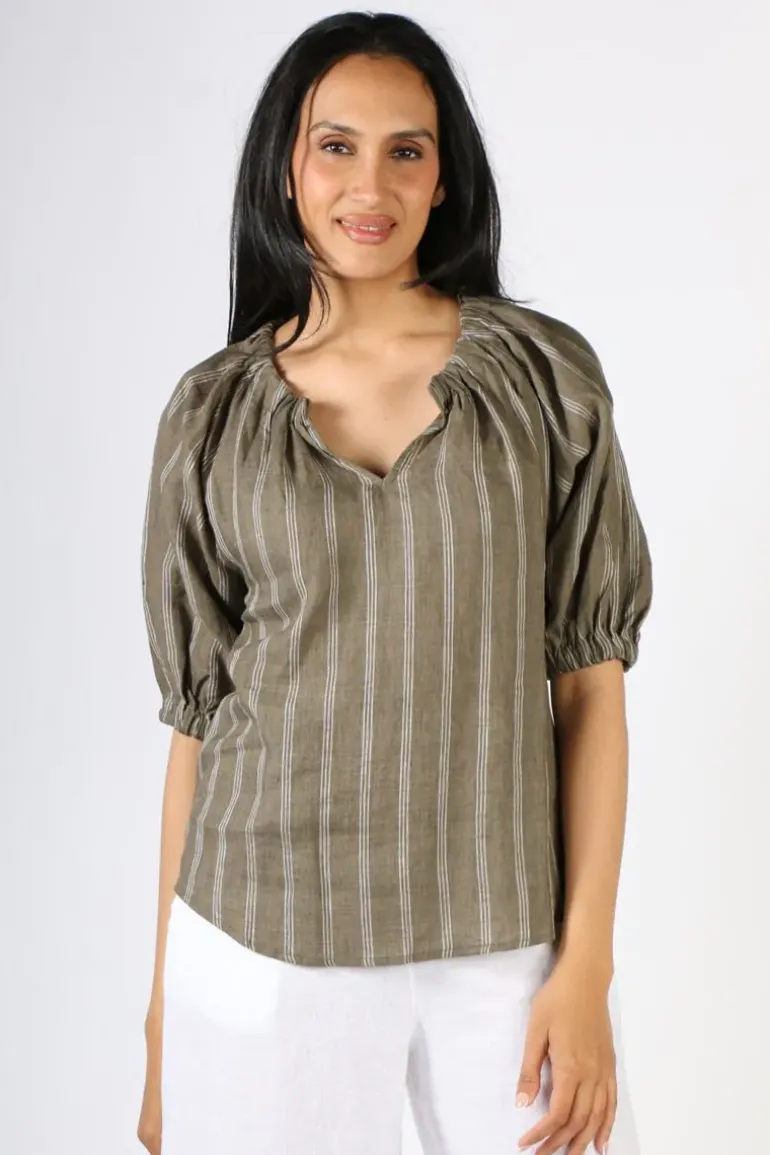 Foil Turn Up The Volume Linen Top In Stripe