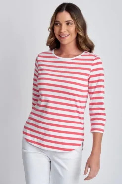 Goondiwindi Cotton Stripe 3/4 Sleeve Tee In Coral