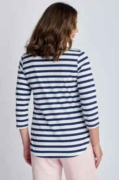Goondiwindi Cotton Stripe 3/4 Sleeve Tee In Navy