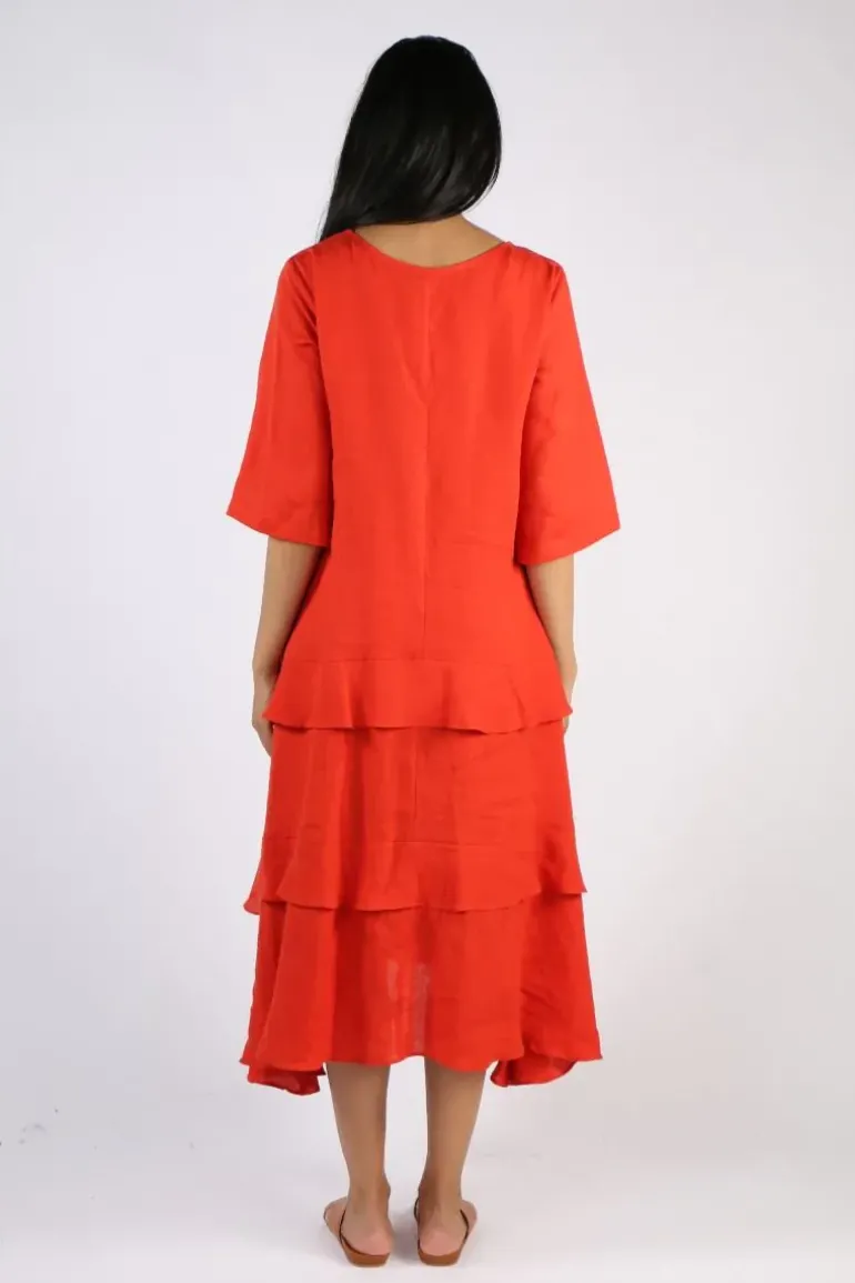 Illium 3/4 Sleeve Ruffle Dress In Rust