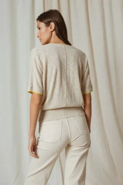 Indi & Cold Linen Contrast Knit Top In Natural
