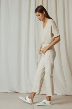 Indi & Cold Linen Contrast Knit Top In Natural