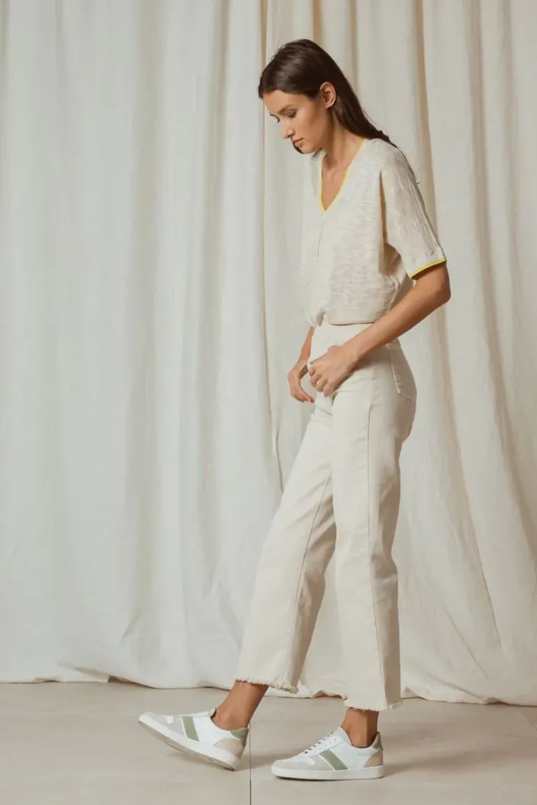 Indi & Cold Linen Contrast Knit Top In Natural