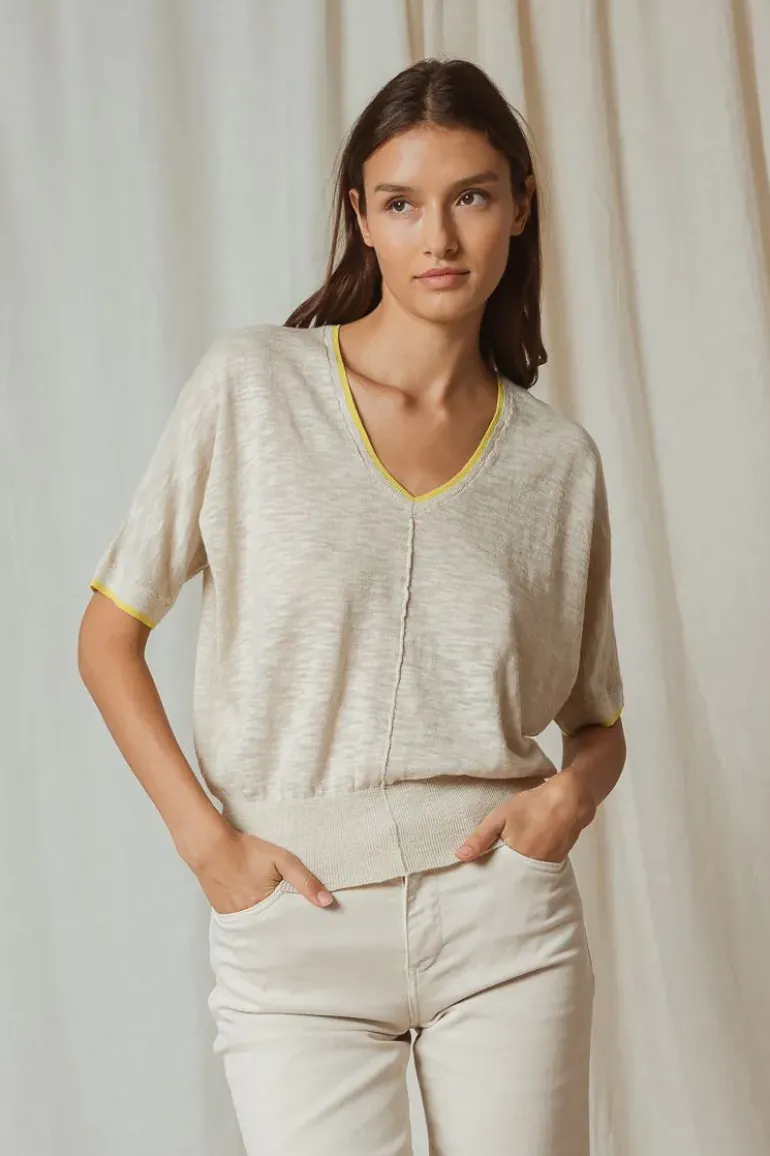 Indi & Cold Linen Contrast Knit Top In Natural