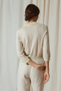 Indi & Cold Linen Contrast Knit Cardi In Natural