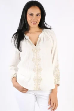 Liverpool Embroidered Double Gauze Woven Top In White