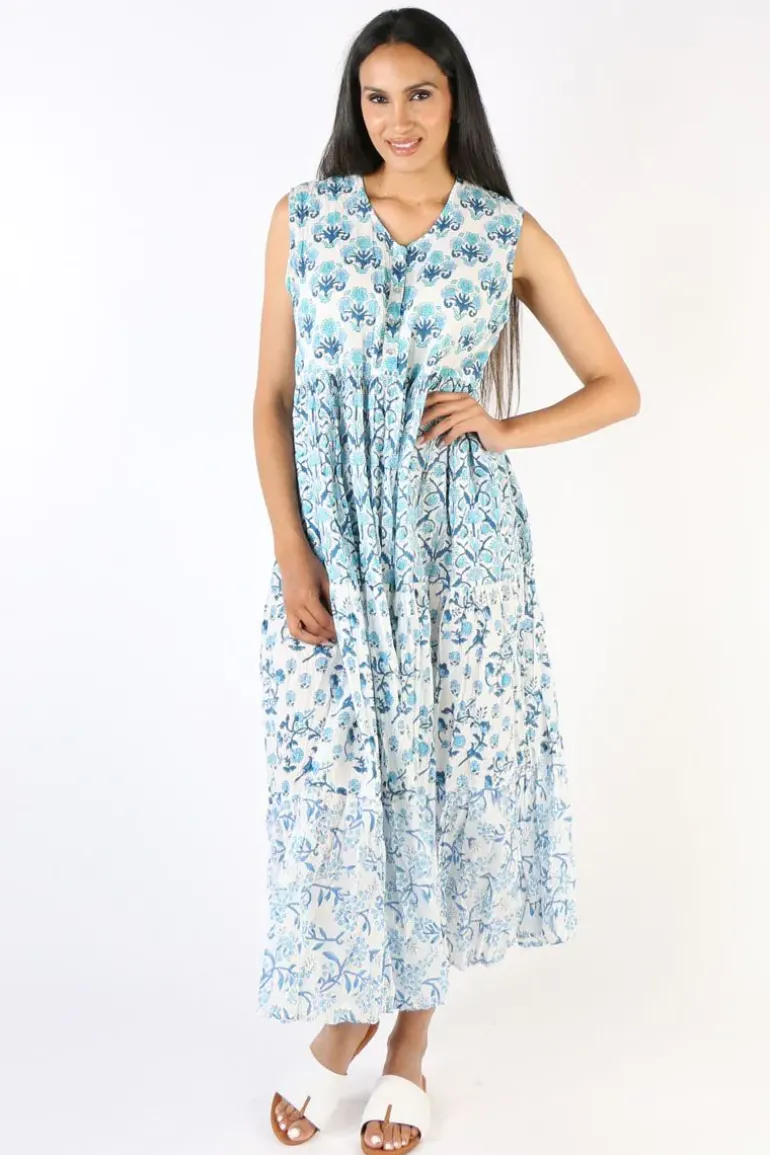 Mandalay Block Printed Destination Provence Sundress In Blue