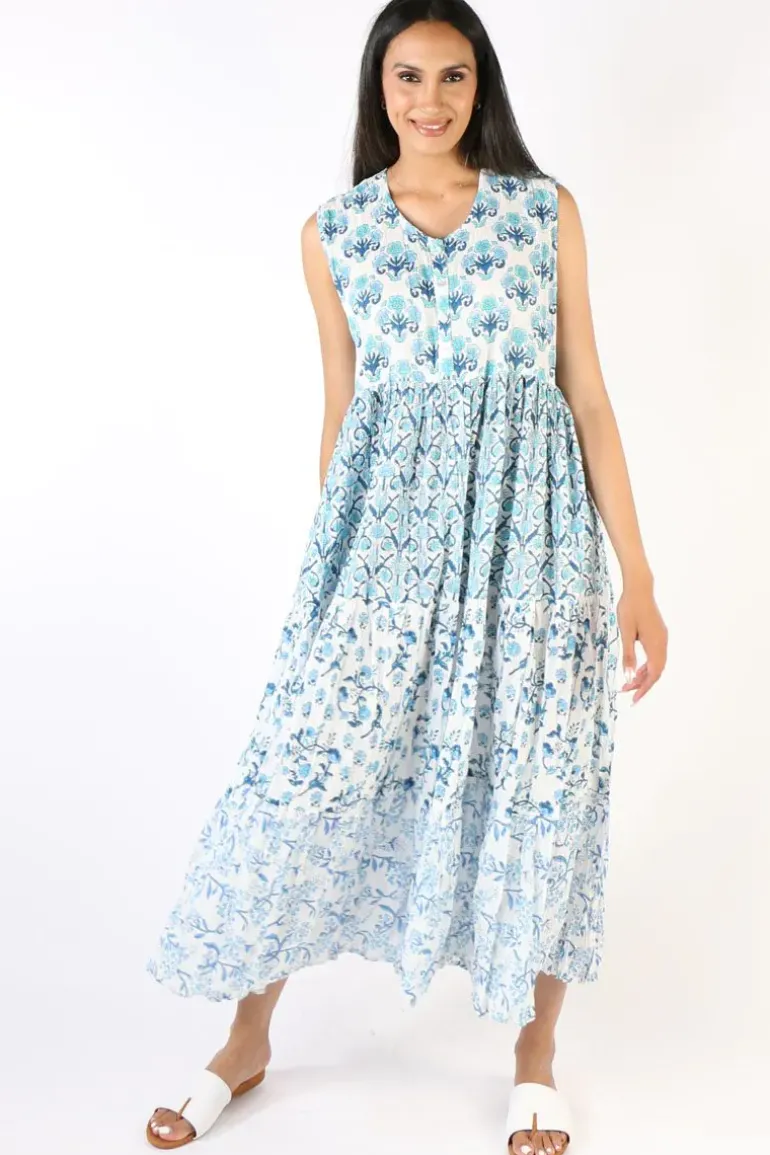 Mandalay Block Printed Destination Provence Sundress In Blue