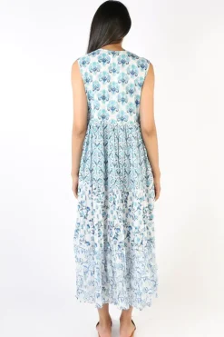 Mandalay Block Printed Destination Provence Sundress In Blue