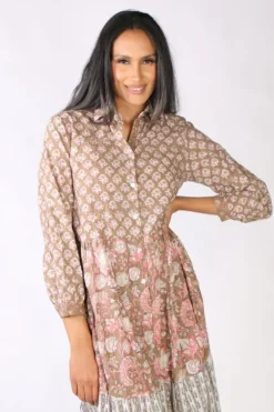 Mandalay Flower Power Shirt Dress In Tan