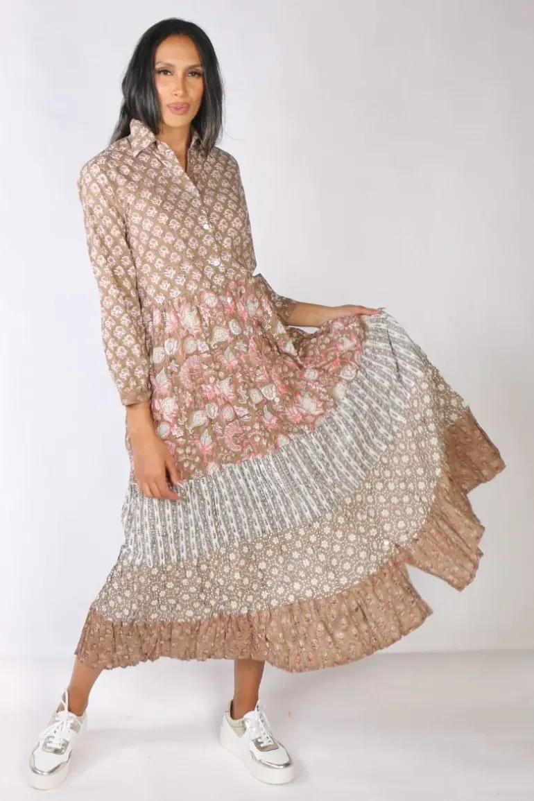 Mandalay Flower Power Shirt Dress In Tan