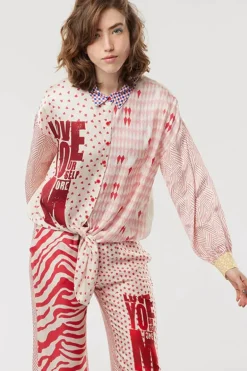 Me369 Sofia Tie Front Shirt In Rouge Print
