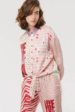 Me369 Sofia Tie Front Shirt In Rouge Print