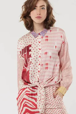 Me369 Sofia Tie Front Shirt In Rouge Print