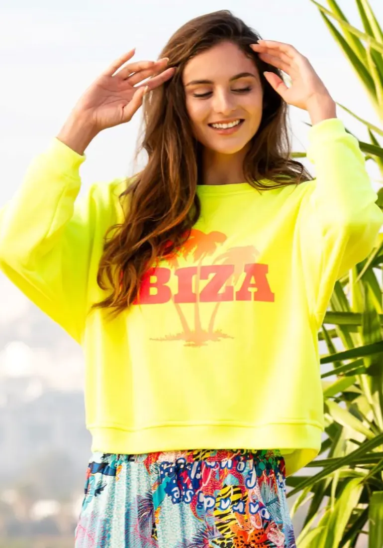 Miss Goodlife Ibiza Palm Sweat Top In Neon Yellow