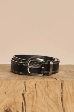 Mos Mosh Stitch Leather Belt In Black