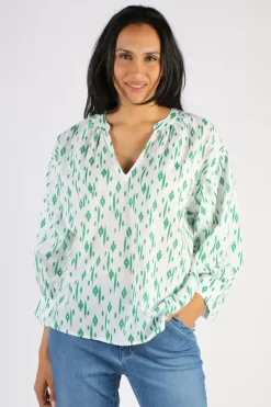 Namastai Crushed Cotton Ikat Print Top In Emerald