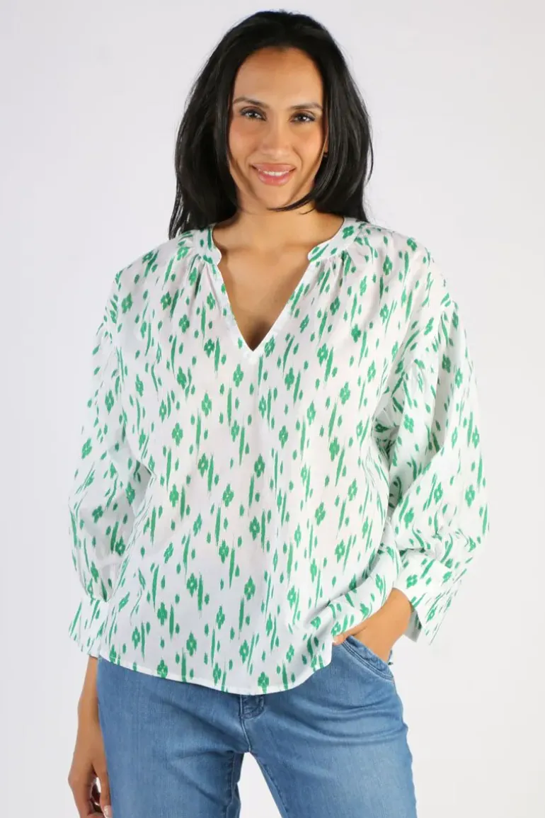Namastai Crushed Cotton Ikat Print Top In Emerald