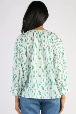 Namastai Crushed Cotton Ikat Print Top In Emerald