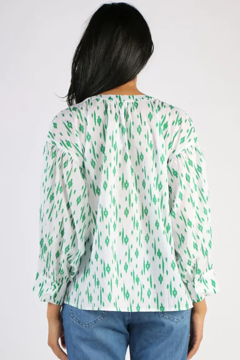 Namastai Crushed Cotton Ikat Print Top In Emerald