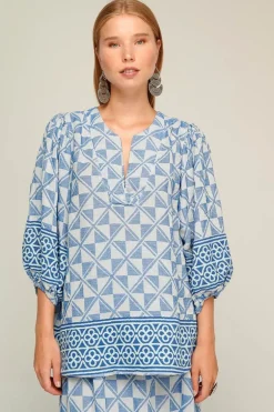 Pearl & Caviar Geometric Handwoven Zakar Blouse In Blue