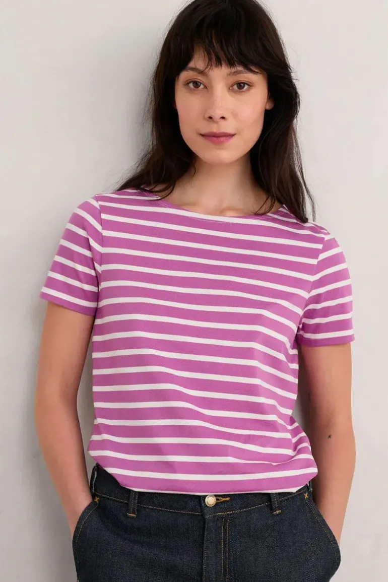 Seasalt Breton Viola Chalk Stripe Tee In Fuchsia