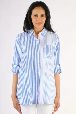 Threadz Mixed Summer Stripe Overshirt In Blue