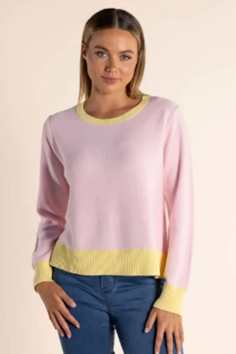 Two Ts Crew Neck Contrast Jumper In Rose