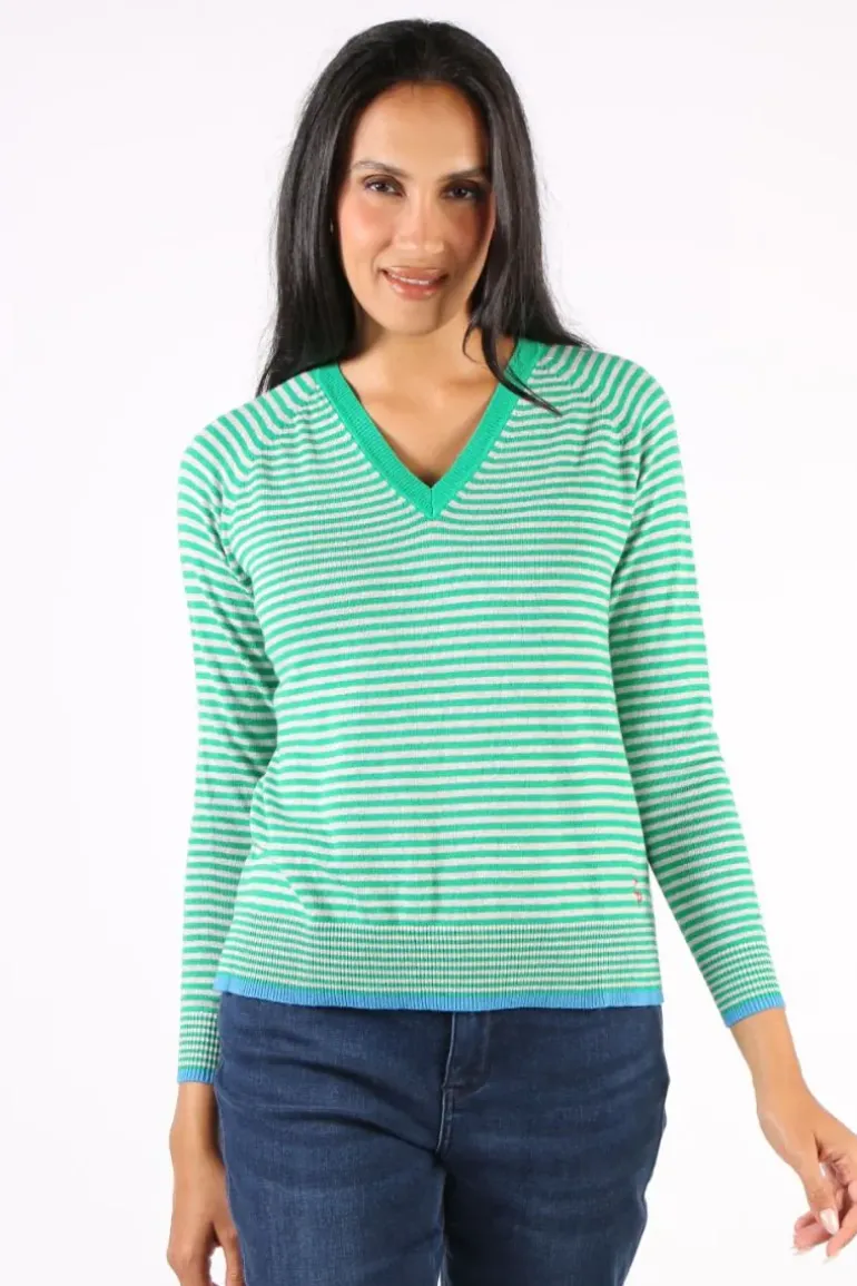 Zaket & Plover Essential Stripe V Jumper In Jade